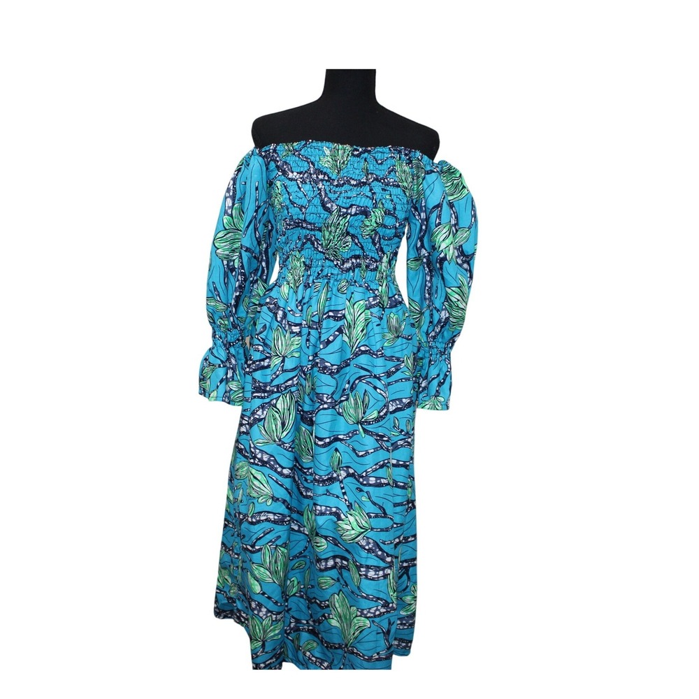 Blue Tropical Off Shoulder Midi Dress Sz8 Smocked Floral Boho Cottagecore Resort